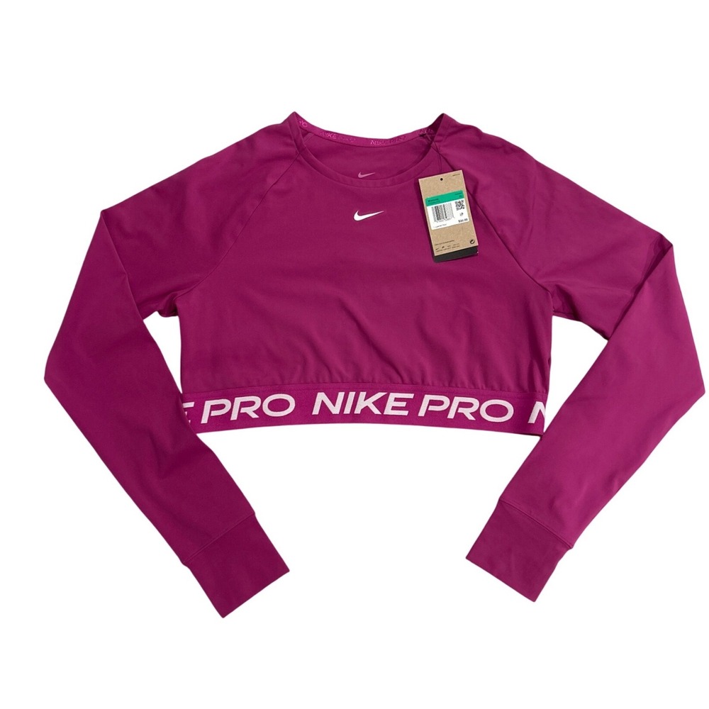 Nike Pro Women's Dri-FIT Cropped Long-Sleeve Top Hot Fuchsia Pink Purple Size XL